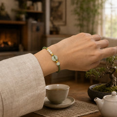 Hetian Jade Peace Buckle Luck Peach Blossom Braided Bracelet featuring Jade, Peace Buckle, Copper
