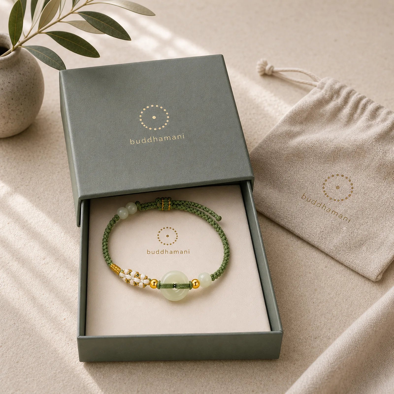 Hetian Jade Peace Buckle Luck Peach Blossom Braided Bracelet featuring Jade, Peace Buckle, Copper