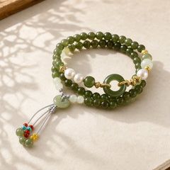 Hetian Jade Pearl Peace Buckle Luck Wealth String Bracelet featuring Jade, Pearl, Peace Buckle