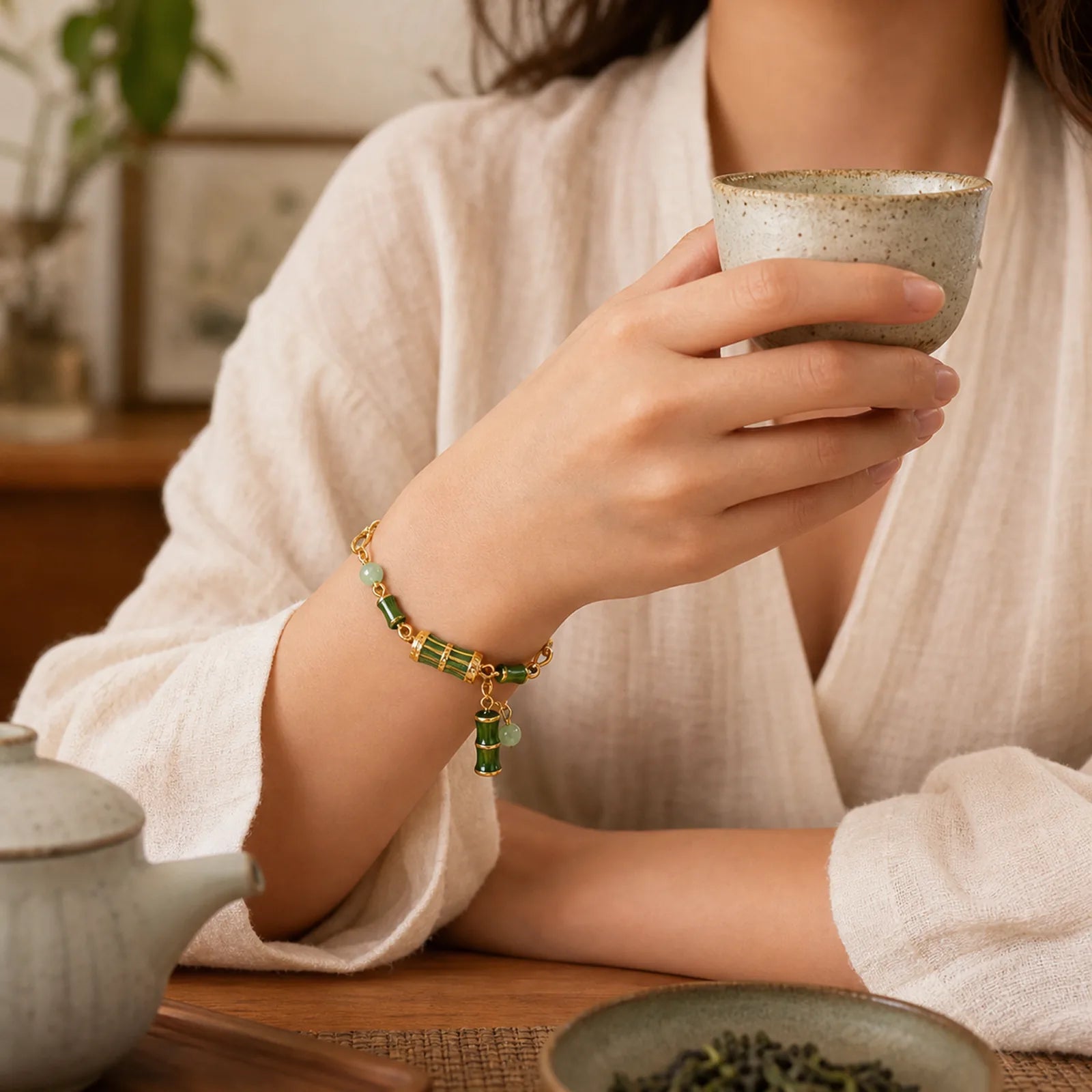 Hetian Jade Peridot Bamboo Lily Of The Valley Wealth Faithfulness Adjustable Bracelet featuring Jade, Peridot, Bamboo