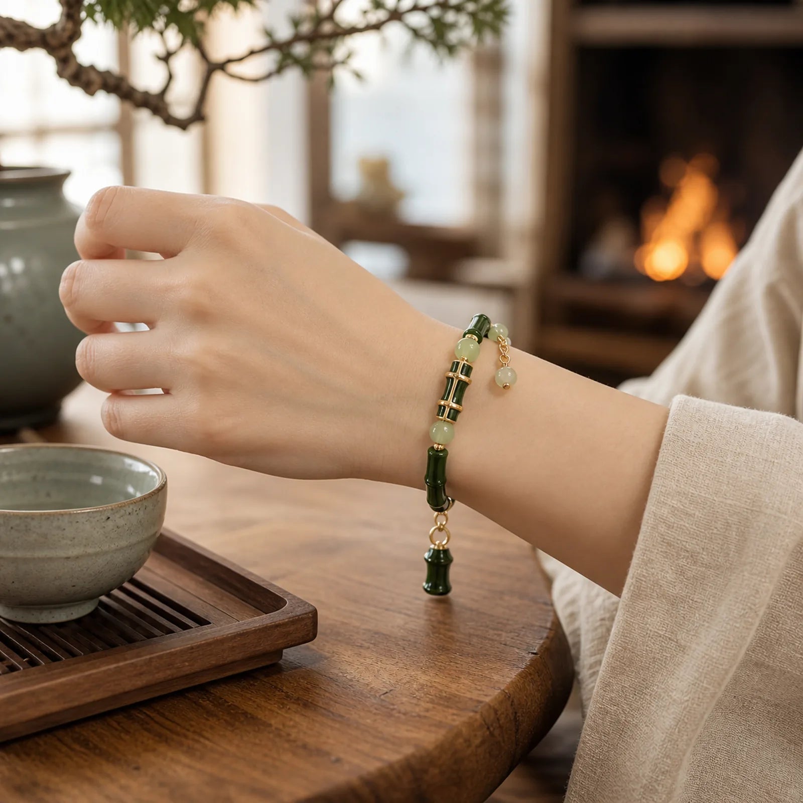 Hetian Jade Peridot Bamboo Lily Of The Valley Wealth Faithfulness Adjustable Bracelet featuring Jade, Peridot, Bamboo