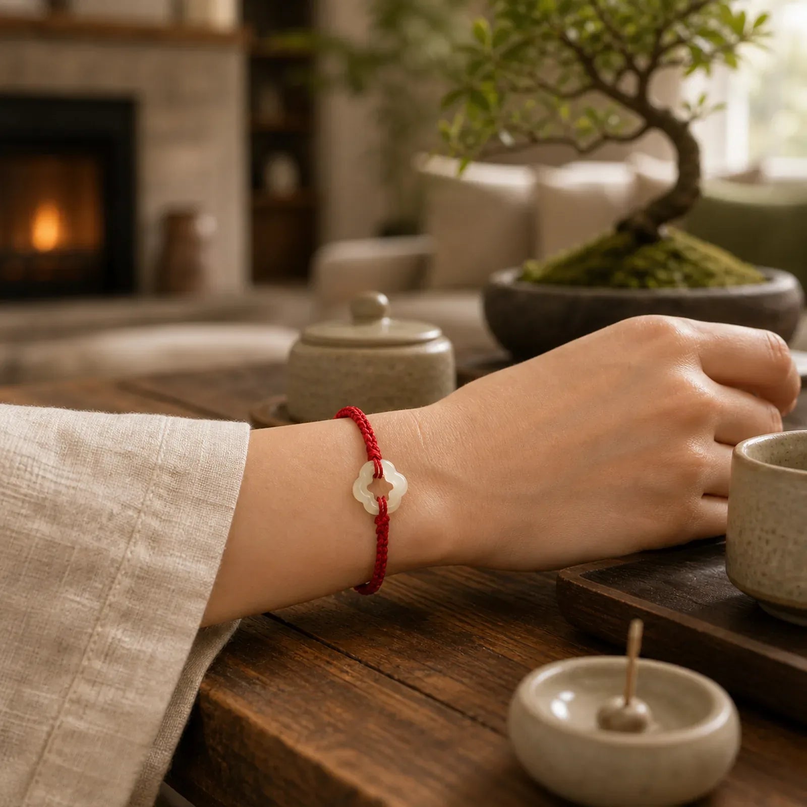 Hetian Jade Plum Bossom Luck Red String Bracelet featuring Jade, Red String