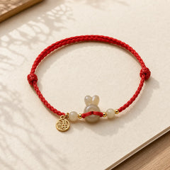 Hetian Jade Rabbit-Head Peace Buckle Fu Character Grounding Red String Vintage Bracelet featuring Jade, Peace Buckle, Fu Character