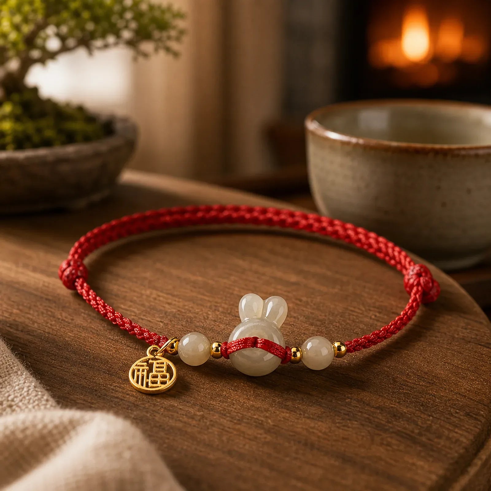 Hetian Jade Rabbit-Head Peace Buckle Fu Character Grounding Red String Vintage Bracelet featuring Jade, Peace Buckle, Fu Character