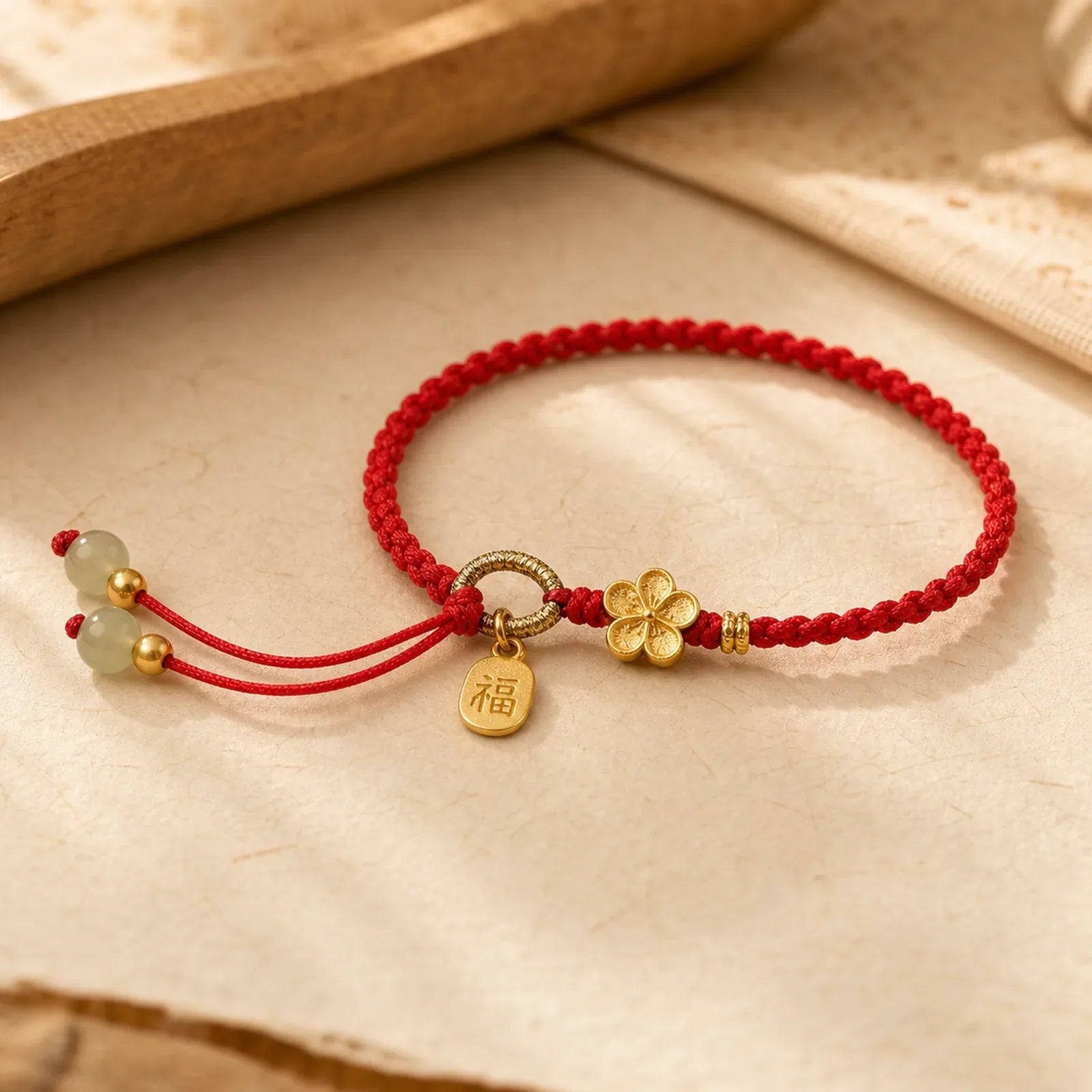 Hetian Jade Small Peach Blossom Fu Character Charm Luck String Bracelet featuring Jade, Fu Character, Red String