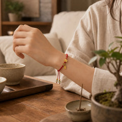 Hetian Jade Small Peach Blossom Fu Character Charm Luck String Bracelet featuring Jade, Fu Character, Red String