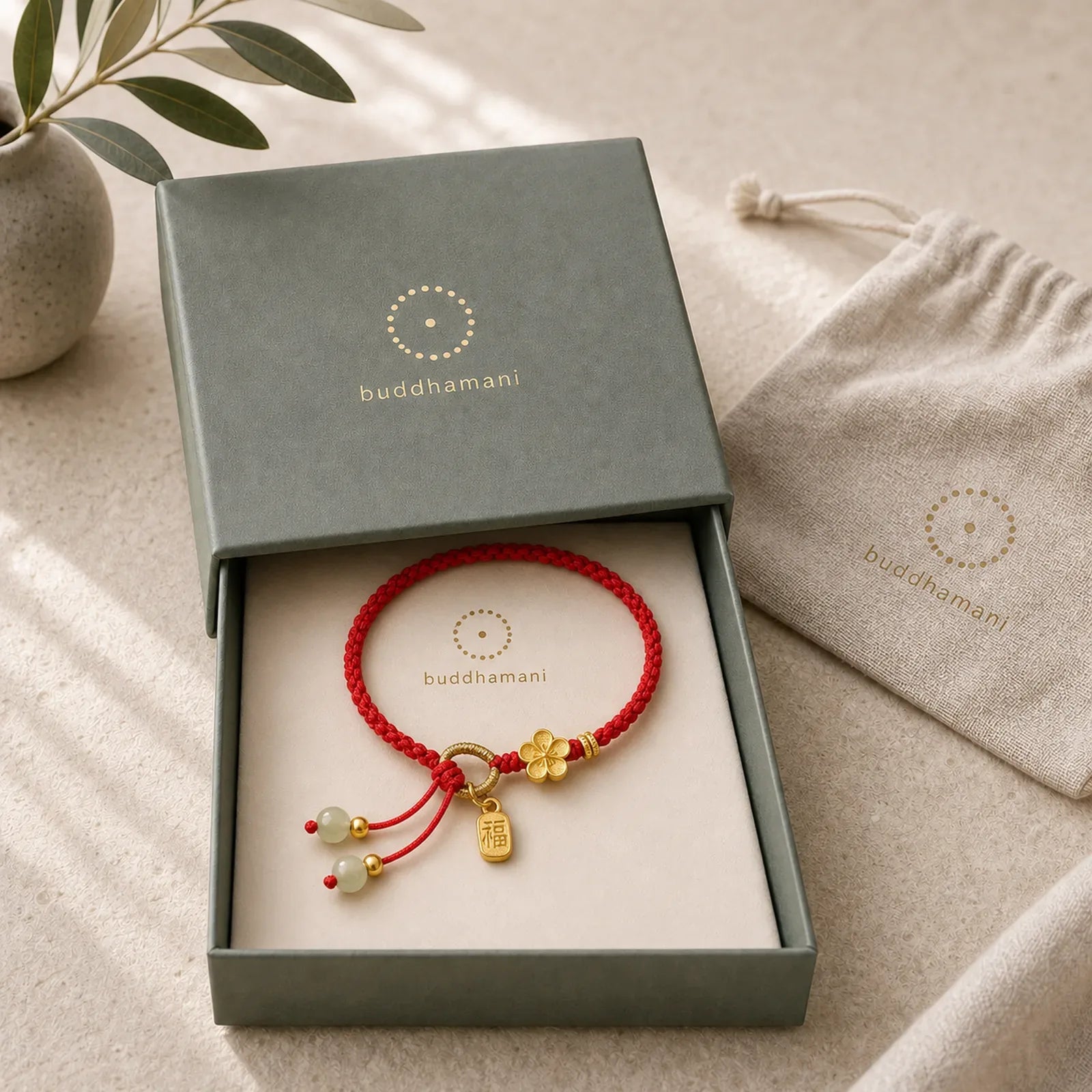 Hetian Jade Small Peach Blossom Fu Character Charm Luck String Bracelet featuring Jade, Fu Character, Red String