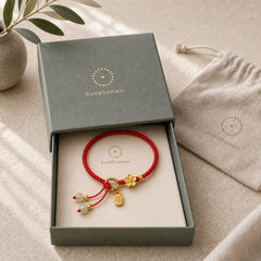 Hetian Jade Small Peach Blossom Fu Character Charm Luck String Bracelet featuring Jade, Fu Character, Red String