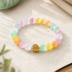 Hollow Design Multicolor Cat's Eye Round Beads Positive Bracelet featuring Cat's Eye / Chrysoberyl, White Cat's Eye, Green Cat's Eye