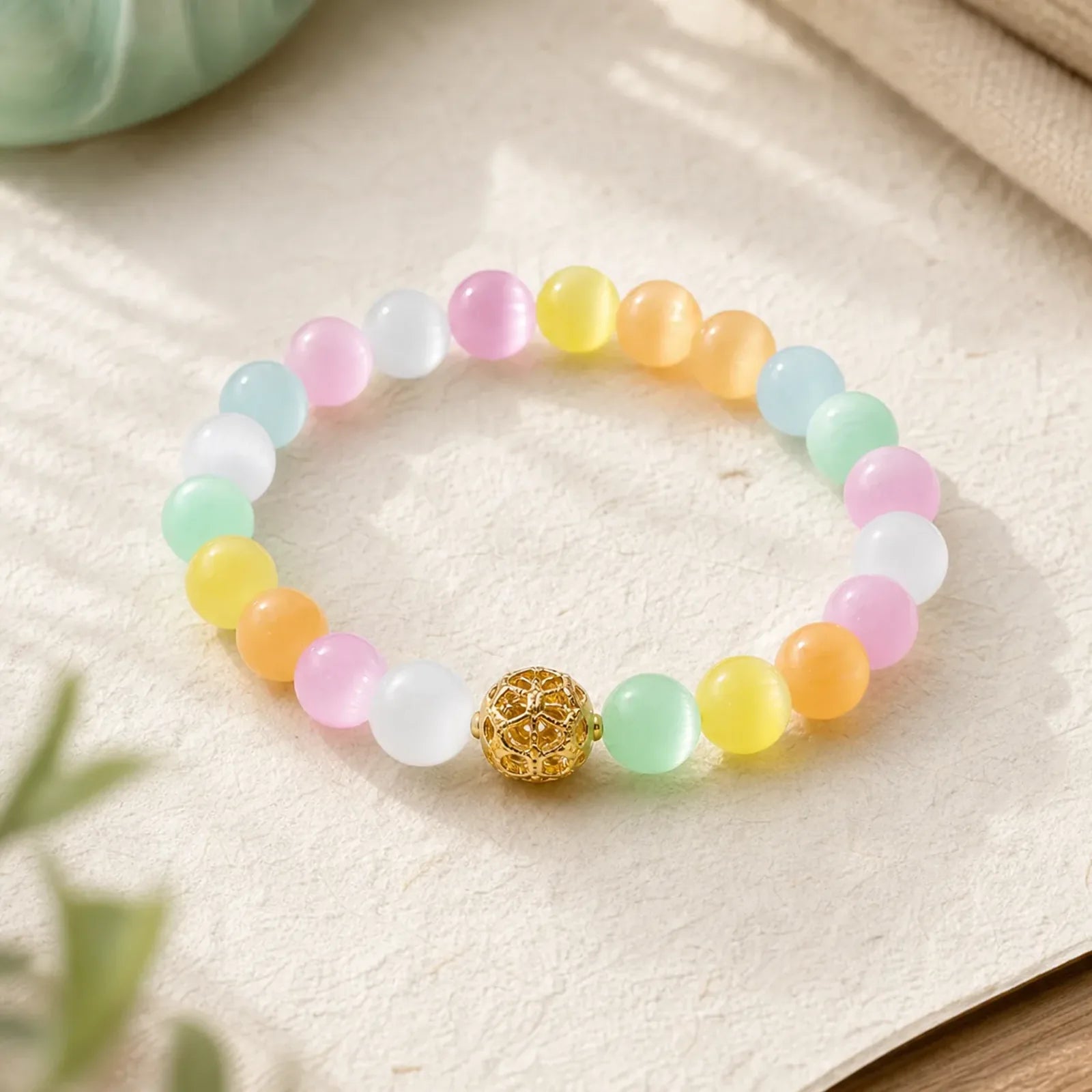 Hollow Design Multicolor Cat's Eye Round Beads Positive Bracelet featuring Cat's Eye / Chrysoberyl, White Cat's Eye, Green Cat's Eye