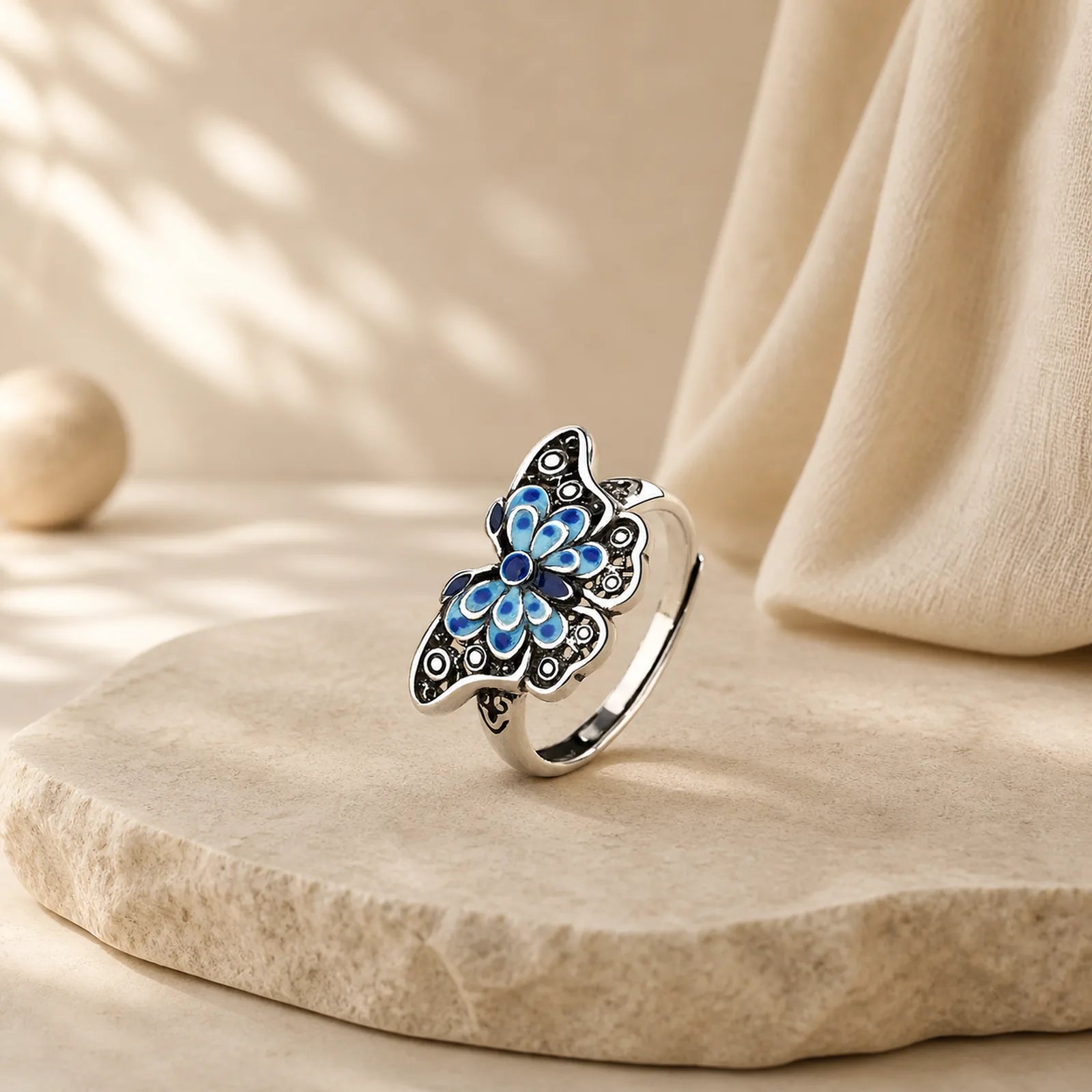 Hollow Enamel Blue Butterfly Pattern Love Ring featuring Butterfly, Feng Shui Butterfly, Copper