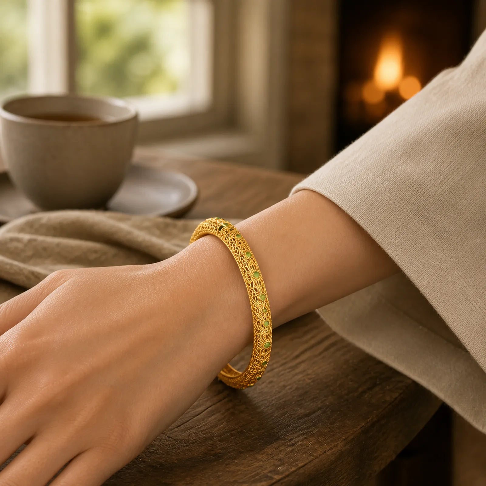Hollow Filigree Design Copper Plated Gold Wealth Bracelet Bangle featuring Copper