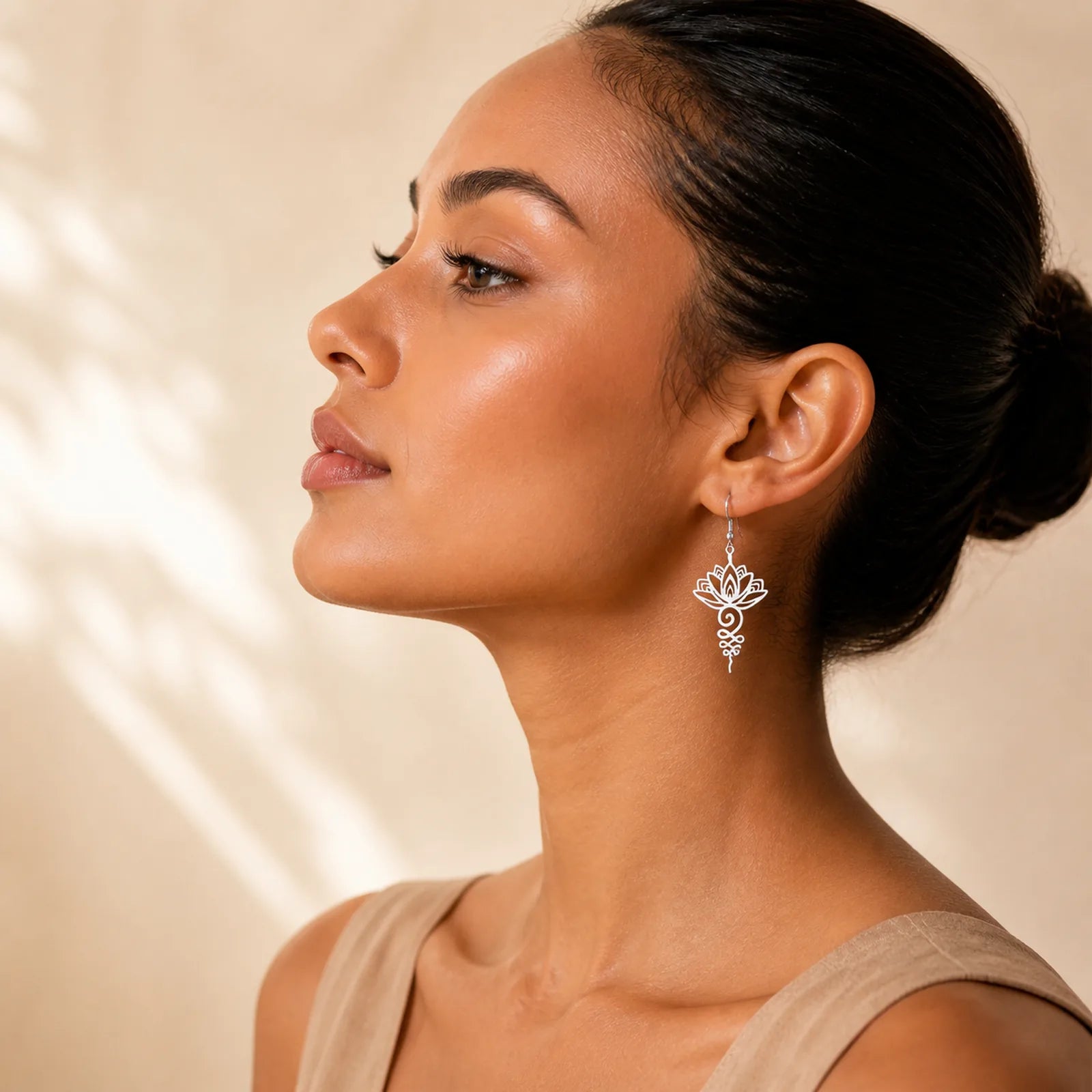 Hollow Lotus Flower Stainless Steel Enlightenment Metal Drop Earrings featuring Lotus, Lotus Symbol
