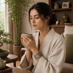 Hollow Lotus Silver Plated Copper Healing Enlightenment Bracelet Bangle featuring Lotus, Silver, Copper