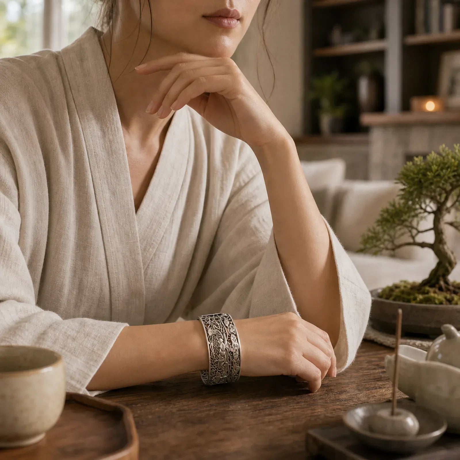 Hollow Lotus Silver Plated Copper Healing Enlightenment Bracelet Bangle featuring Lotus, Silver, Copper