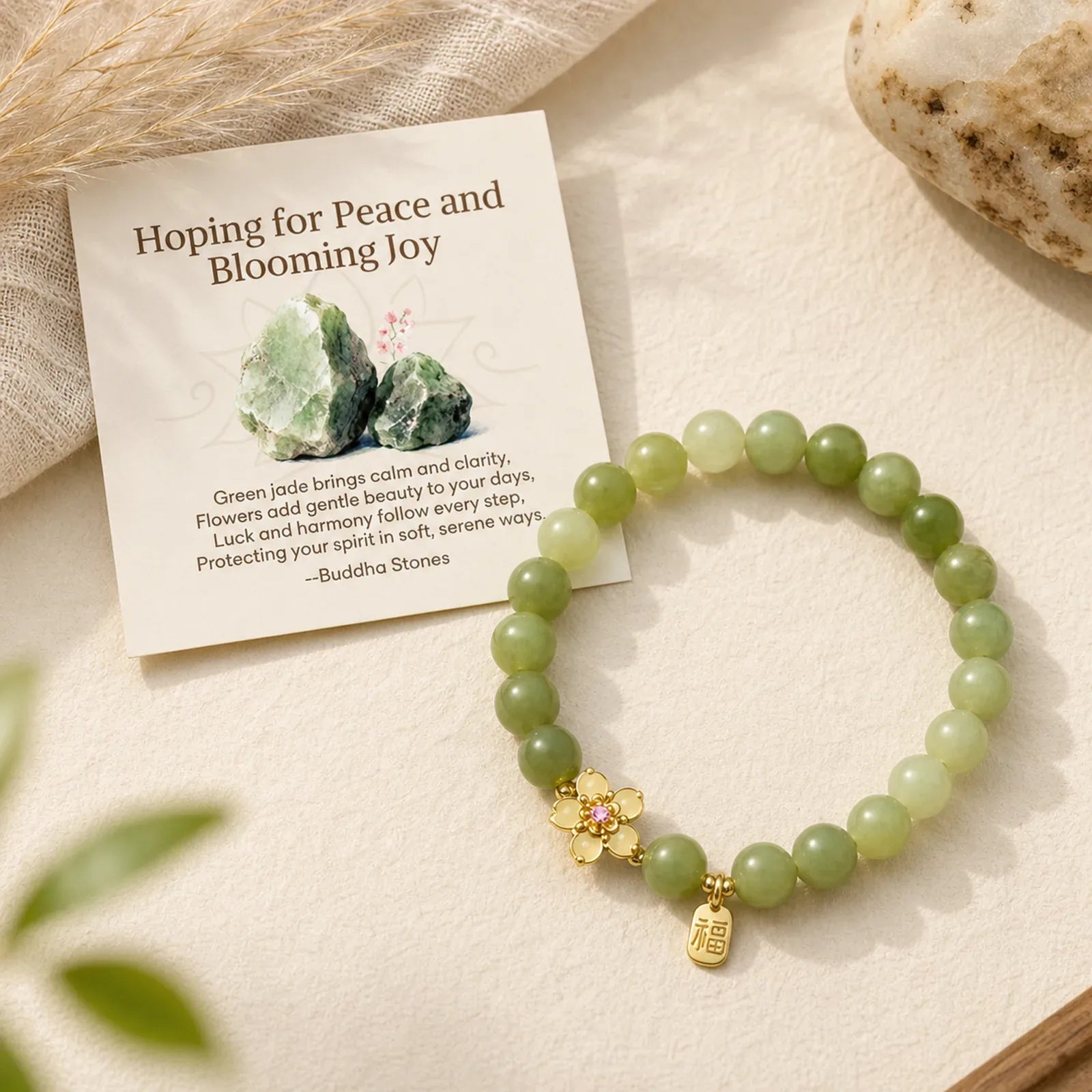 "Hoping for Peace and Blooming Joy" Green Jade Bracelet Includes Gift Message Card featuring Green Jade, Jade, Fu Character