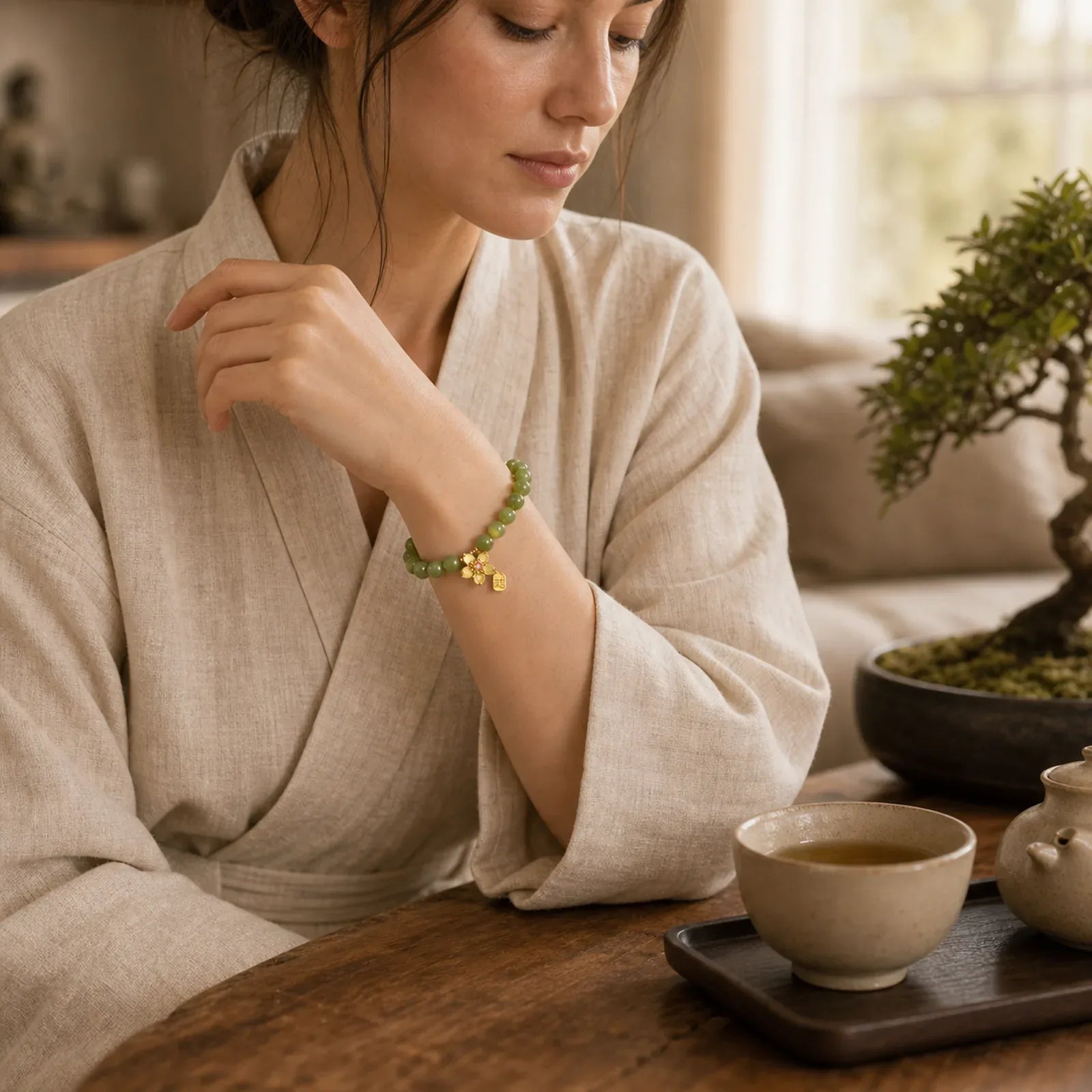 "Hoping for Peace and Blooming Joy" Green Jade Bracelet Includes Gift Message Card featuring Green Jade, Jade, Fu Character