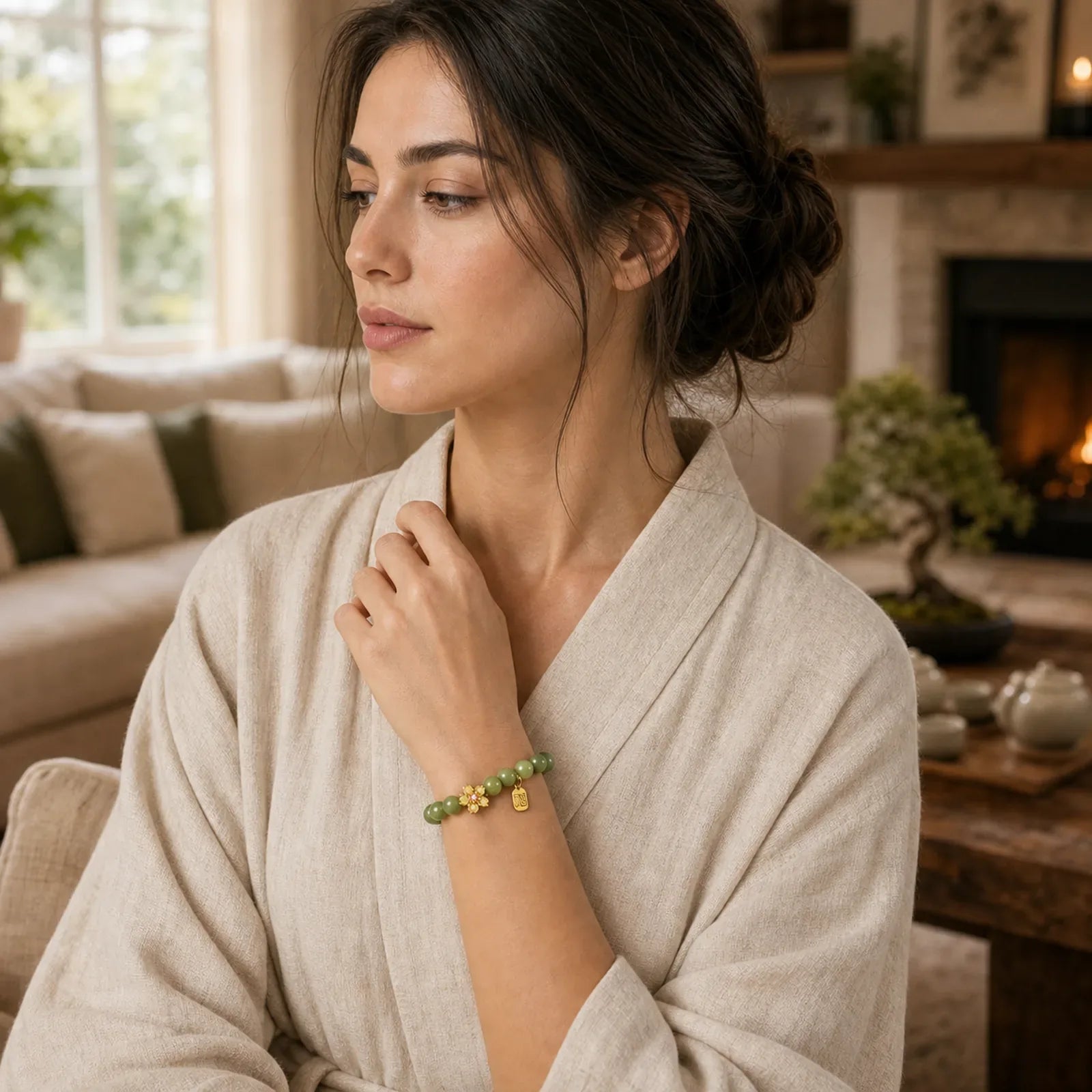 "Hoping for Peace and Blooming Joy" Green Jade Bracelet Includes Gift Message Card featuring Green Jade, Jade, Fu Character