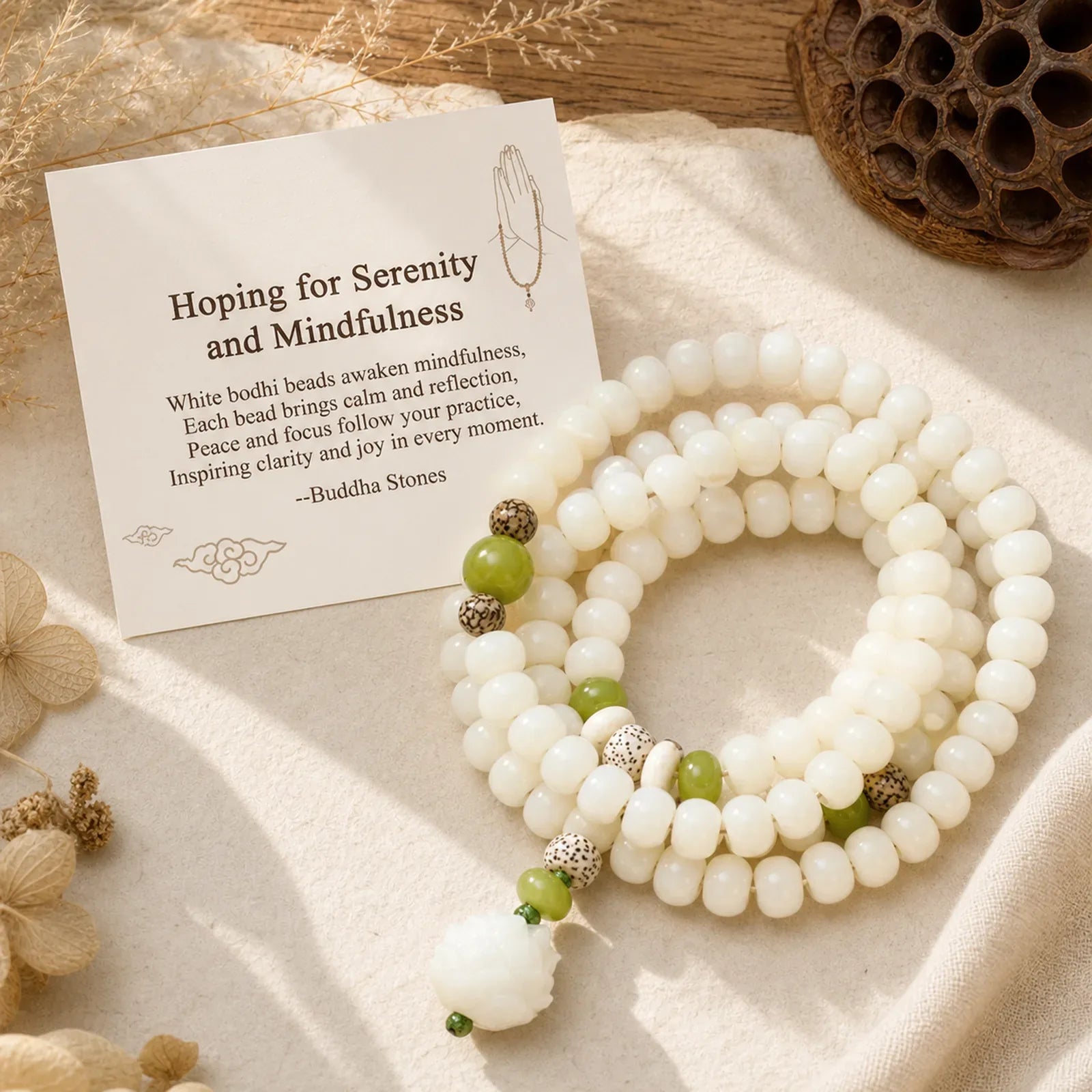 "Hoping for Serenity and Mindfulness" Bodhi Lotus Mala Includes Gift Message Card featuring Lotus, Bodhi Seed, Lotus Symbol