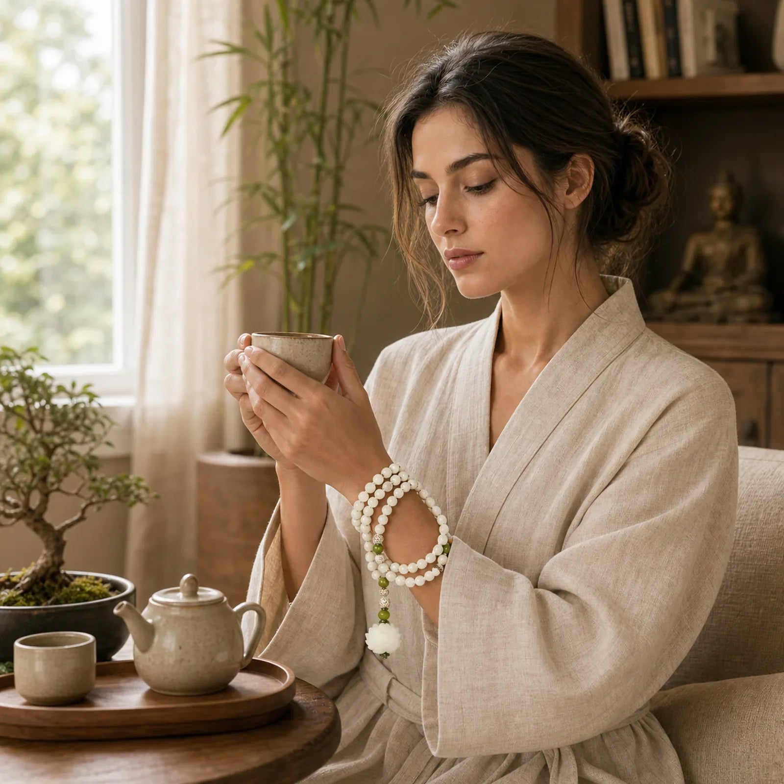 "Hoping for Serenity and Mindfulness" Bodhi Lotus Mala Includes Gift Message Card featuring Lotus, Bodhi Seed, Lotus Symbol