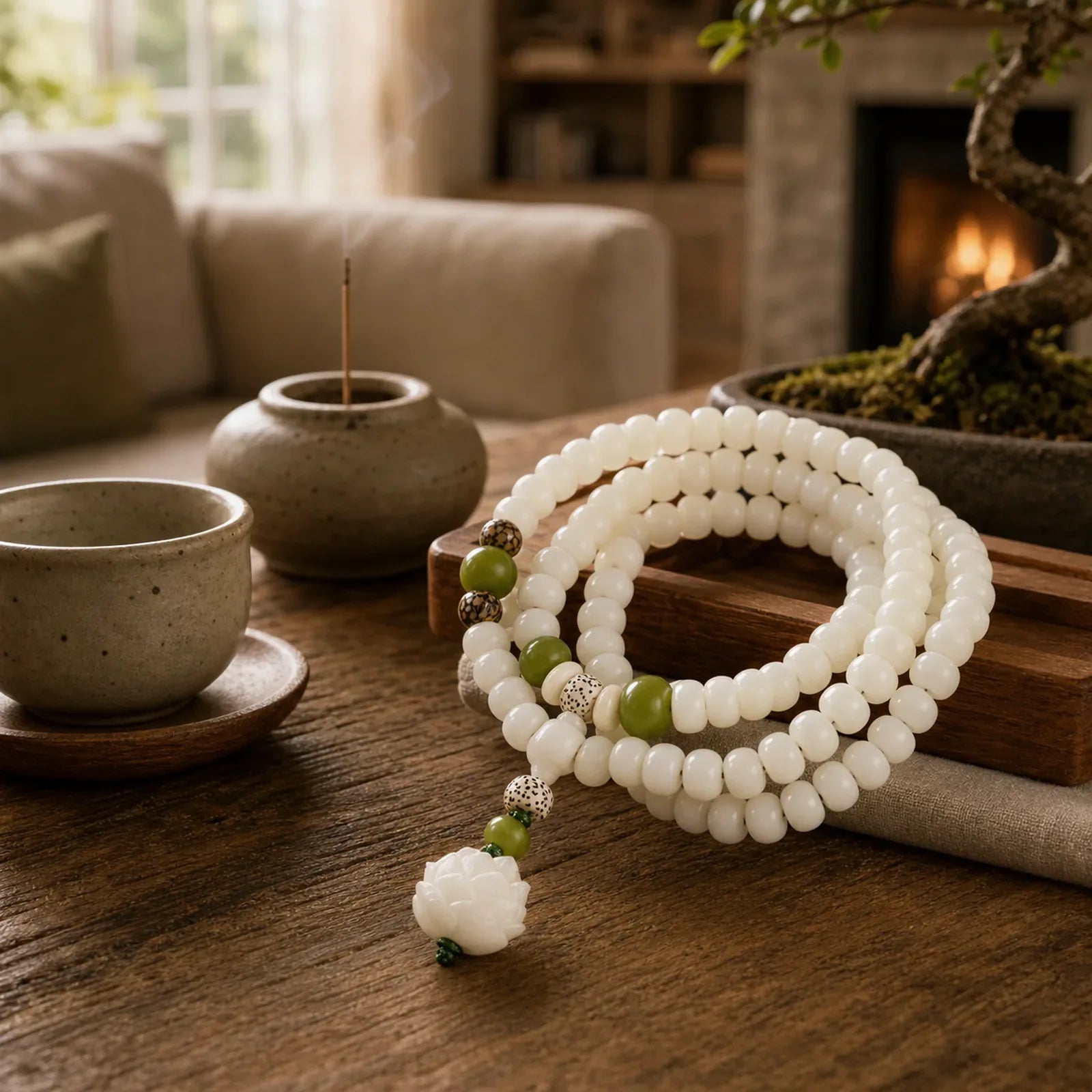 "Hoping for Serenity and Mindfulness" Bodhi Lotus Mala Includes Gift Message Card featuring Lotus, Bodhi Seed, Lotus Symbol