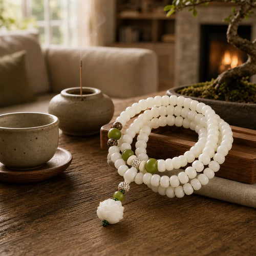 "Hoping for Serenity and Mindfulness" Bodhi Lotus Mala Includes Gift Message Card featuring Lotus, Bodhi Seed, Lotus Symbol