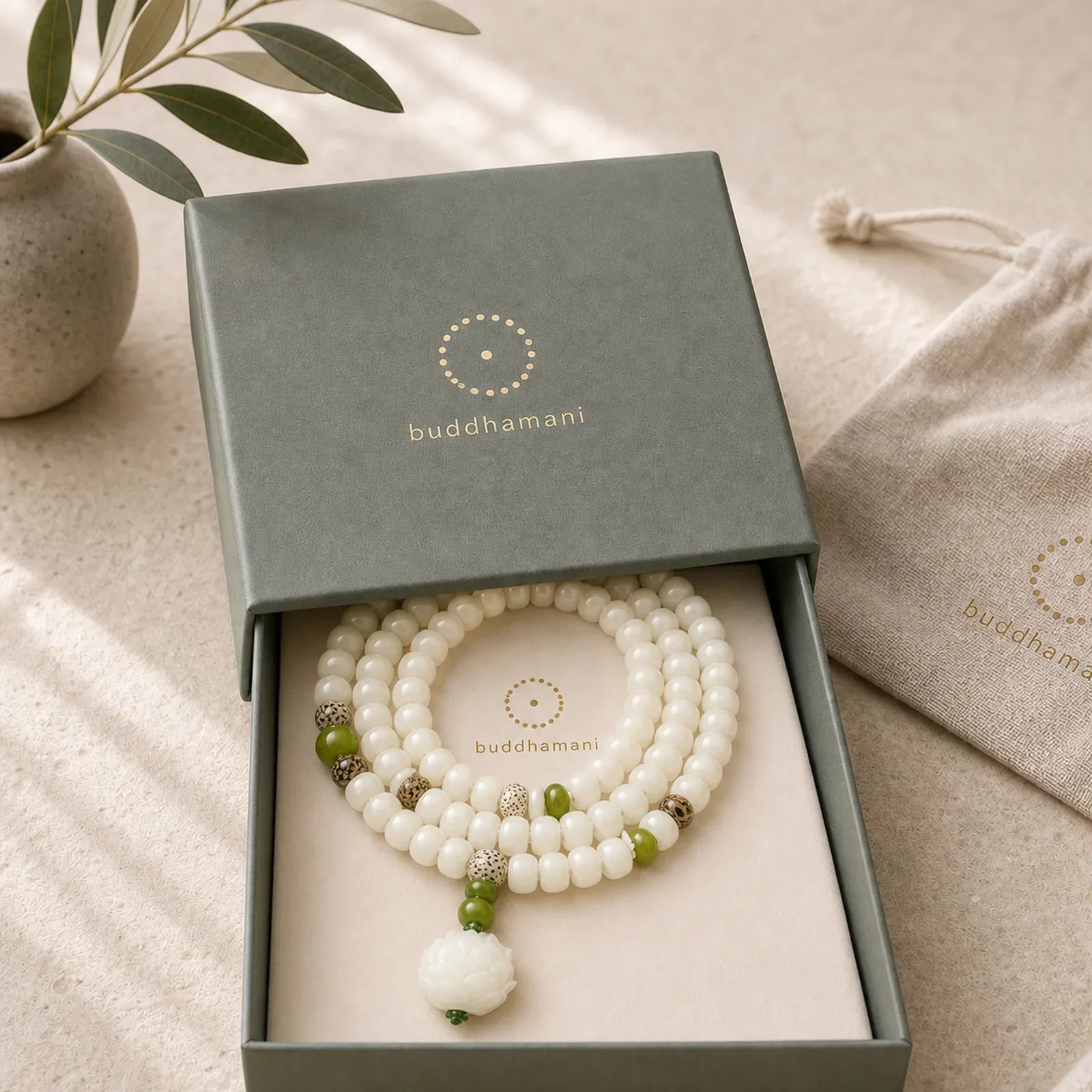 "Hoping for Serenity and Mindfulness" Bodhi Lotus Mala Includes Gift Message Card featuring Lotus, Bodhi Seed, Lotus Symbol