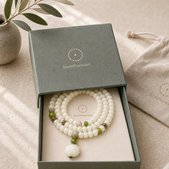 "Hoping for Serenity and Mindfulness" Bodhi Lotus Mala Includes Gift Message Card featuring Lotus, Bodhi Seed, Lotus Symbol
