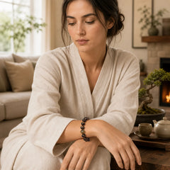 Ice Obsidian Gold-stamped Sanskrit Courage Bracelet featuring Ice Obsidian, Obsidian, Lce Obsidian