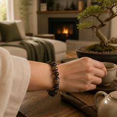 Ice Obsidian Gold-stamped Sanskrit Courage Bracelet featuring Ice Obsidian, Obsidian, Lce Obsidian