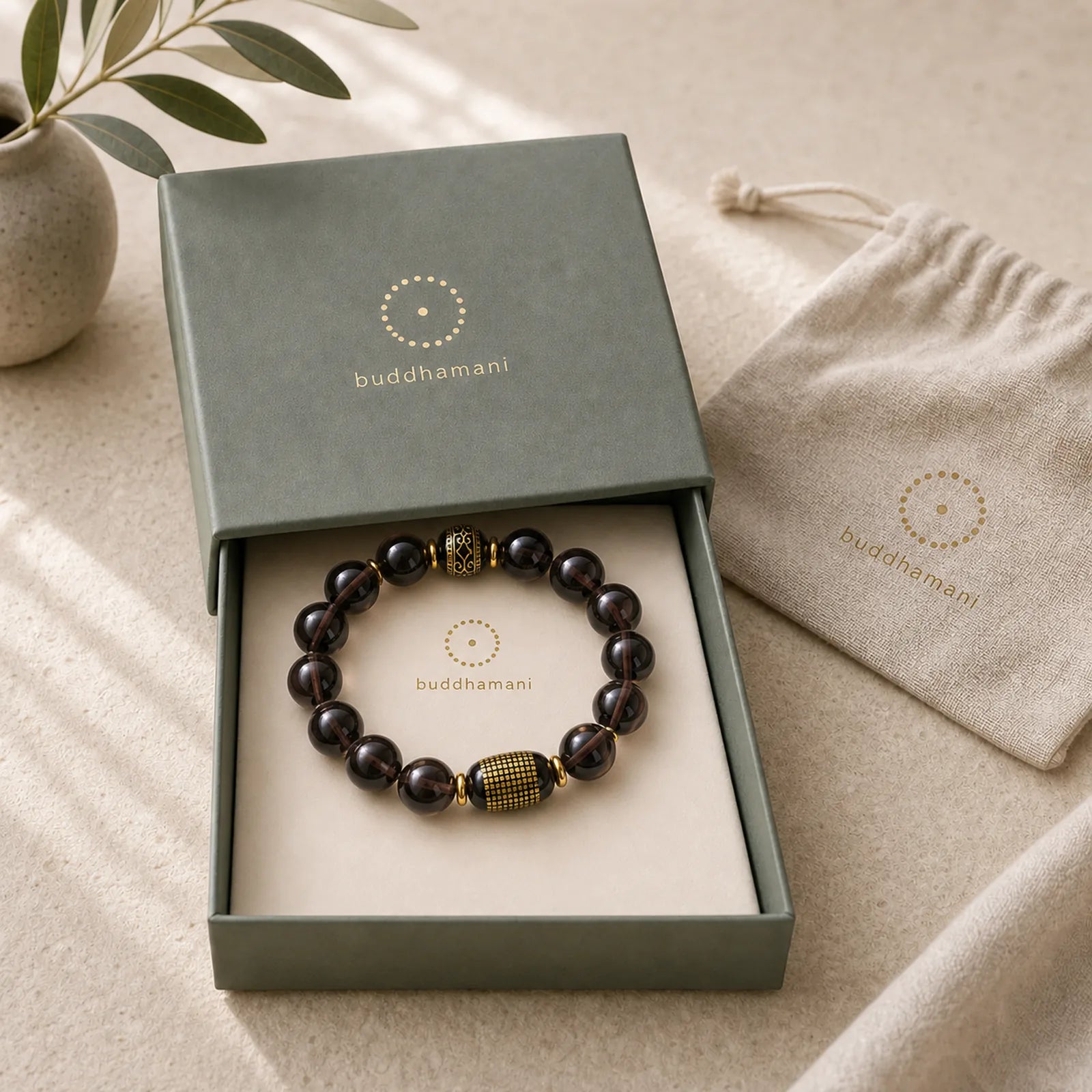 Ice Obsidian Gold-stamped Sanskrit Courage Bracelet featuring Ice Obsidian, Obsidian, Lce Obsidian