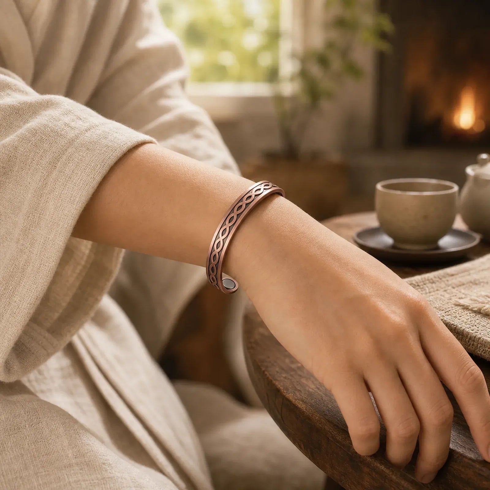 Interwoven Loop Pattern Copper Balance Luck Open Cuff Bracelet Bangle featuring Copper