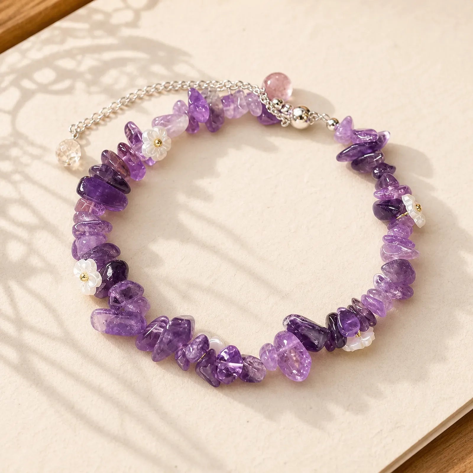 Irregular Crystal Flower Design Amethyst White Crystal Balance Bracelet featuring Amethyst, Clear Quartz / White Crystal, Moonstone