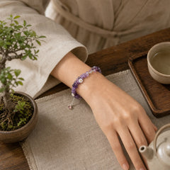 Irregular Crystal Flower Design Amethyst White Crystal Balance Bracelet featuring Amethyst, Clear Quartz / White Crystal, Moonstone