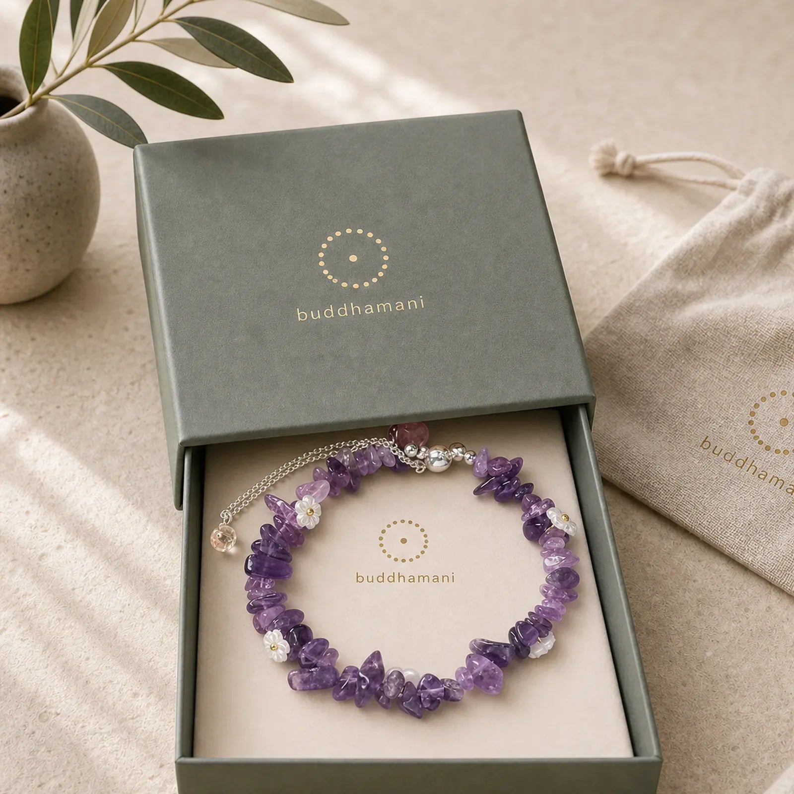 Irregular Crystal Flower Design Amethyst White Crystal Balance Bracelet featuring Amethyst, Clear Quartz / White Crystal, Moonstone