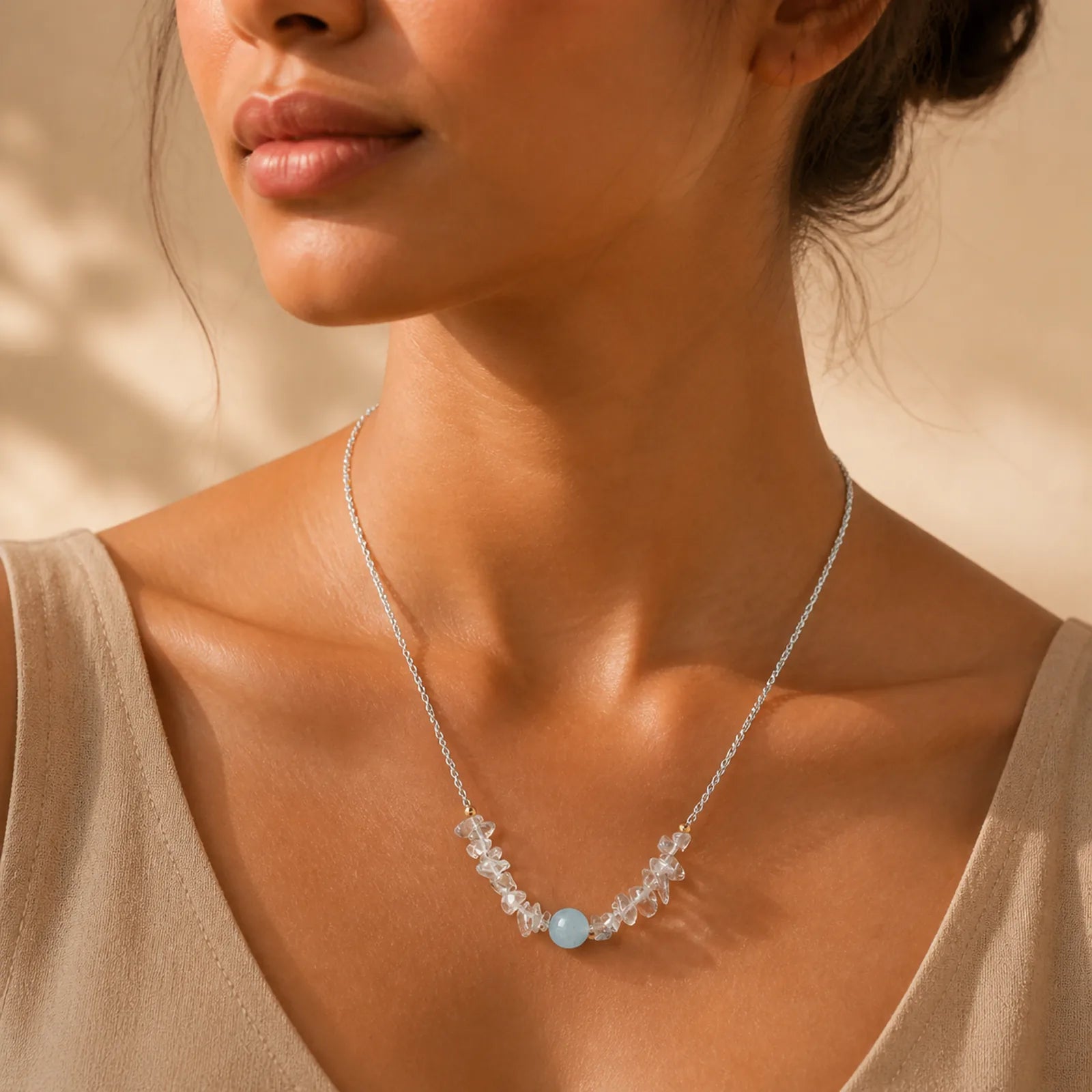 Irregular White Crystal Aquamarine Bead Healing Necklace Pendant featuring Clear Quartz / White Crystal, Aquamarine