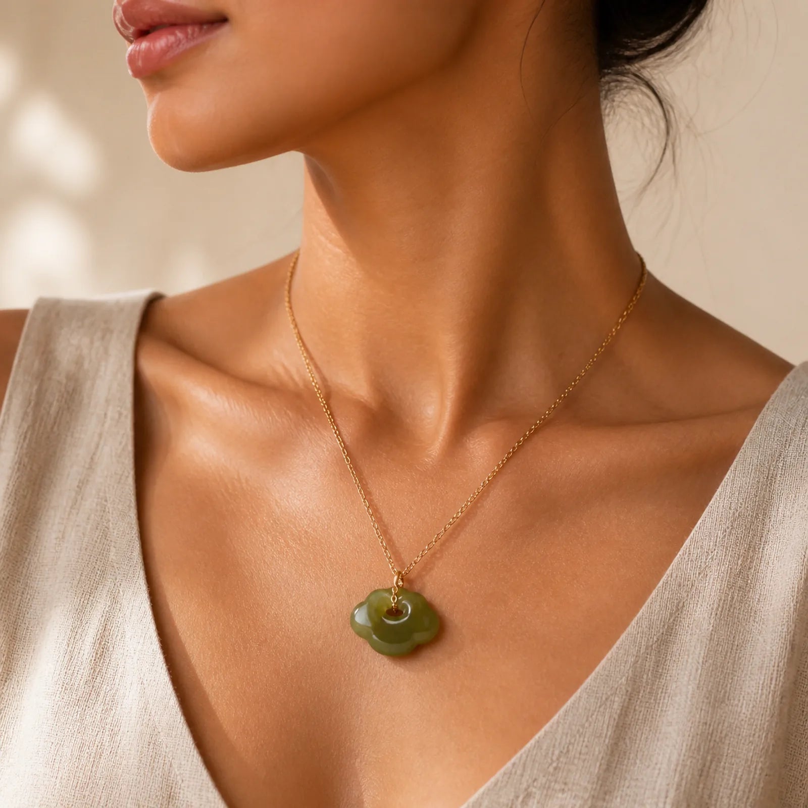 Jade Auspicious Cloud Lock Luck Vintage Pendant Necklace featuring Jade, Copper, Silver