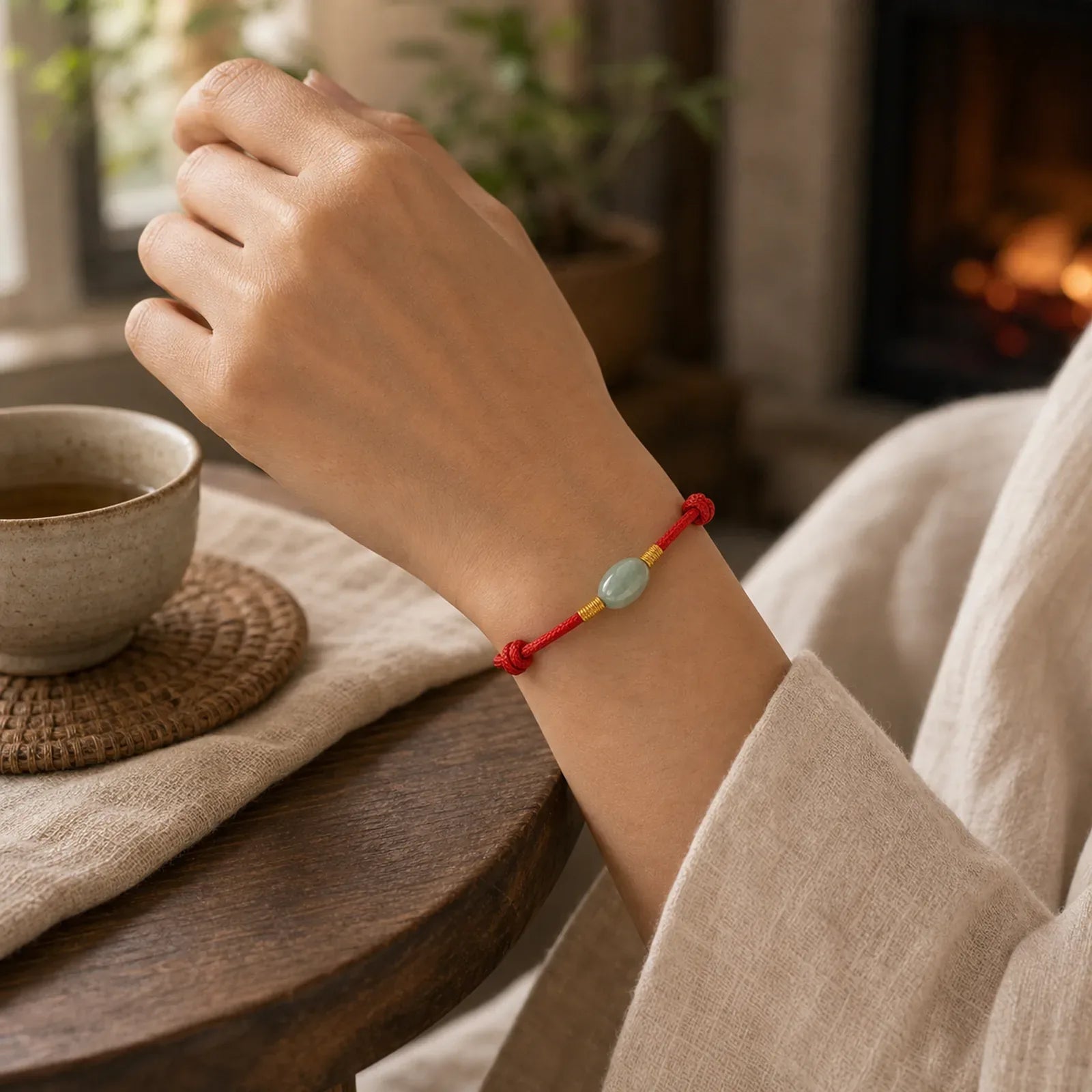 Jade Bead Red String Protection Bracelet featuring Jade, Red String