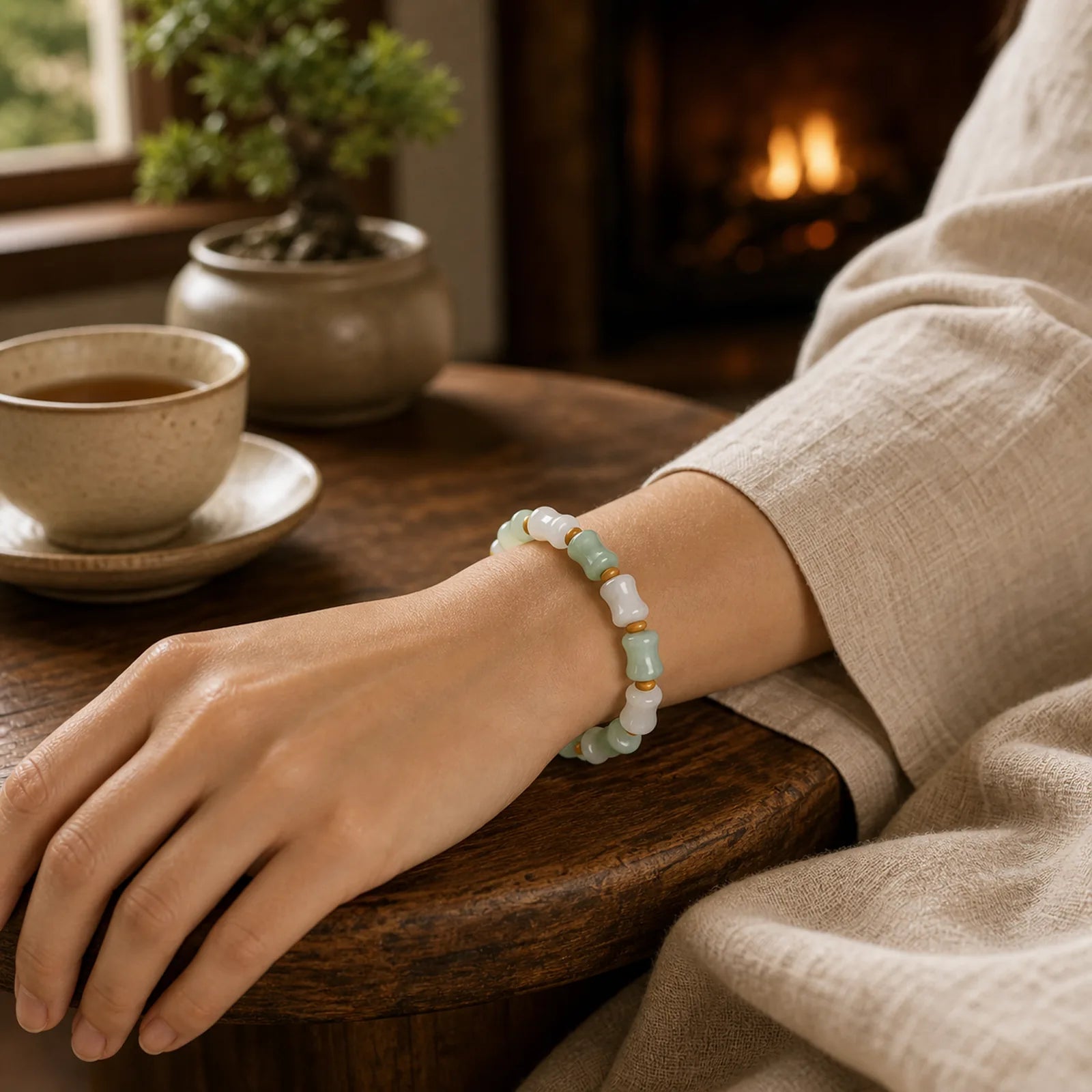 Jade Coconut Shell Bamboo Pattern Abundance Luck Bracelet featuring Jade, Coconut Shell, Bamboo