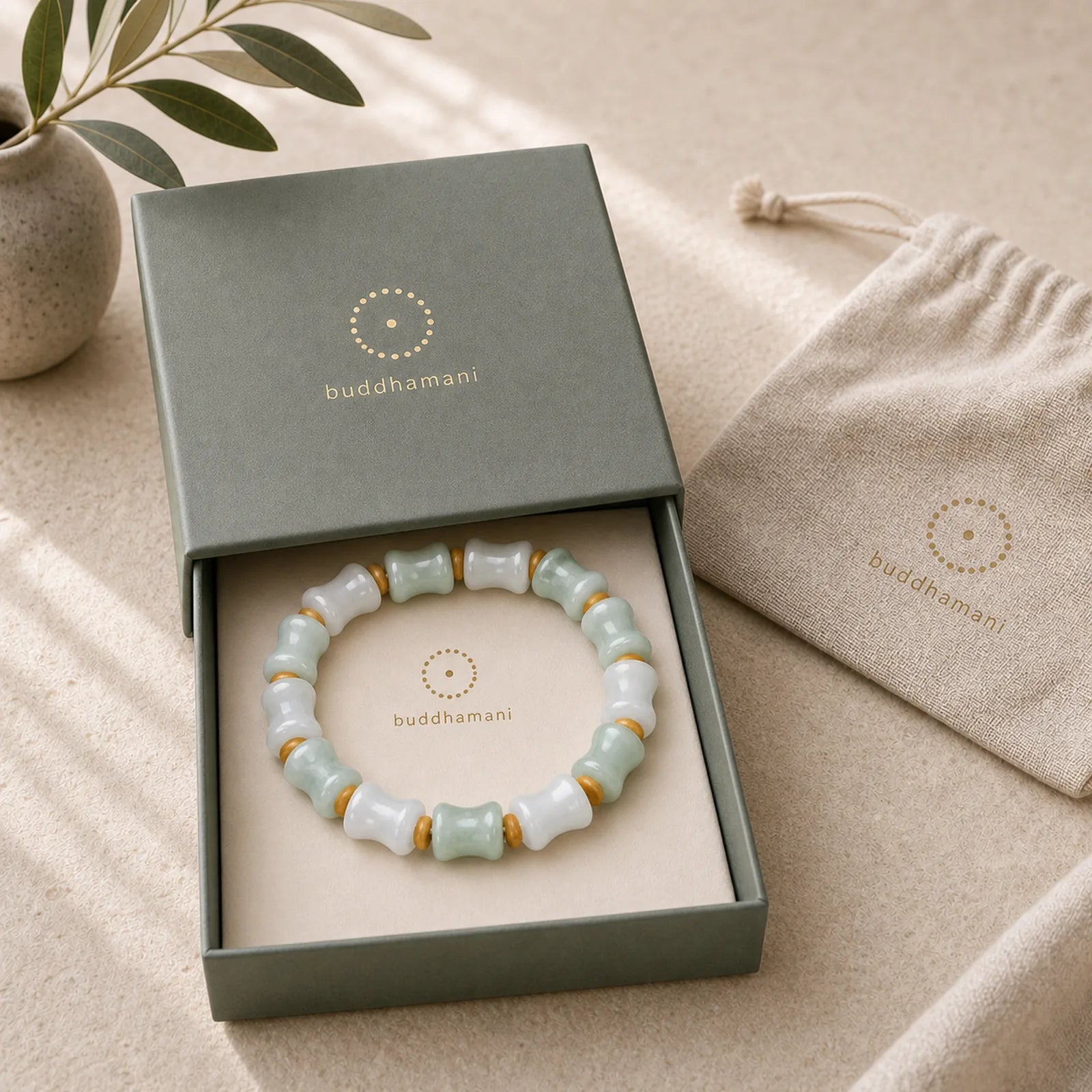 Jade Coconut Shell Bamboo Pattern Abundance Luck Bracelet featuring Jade, Coconut Shell, Bamboo