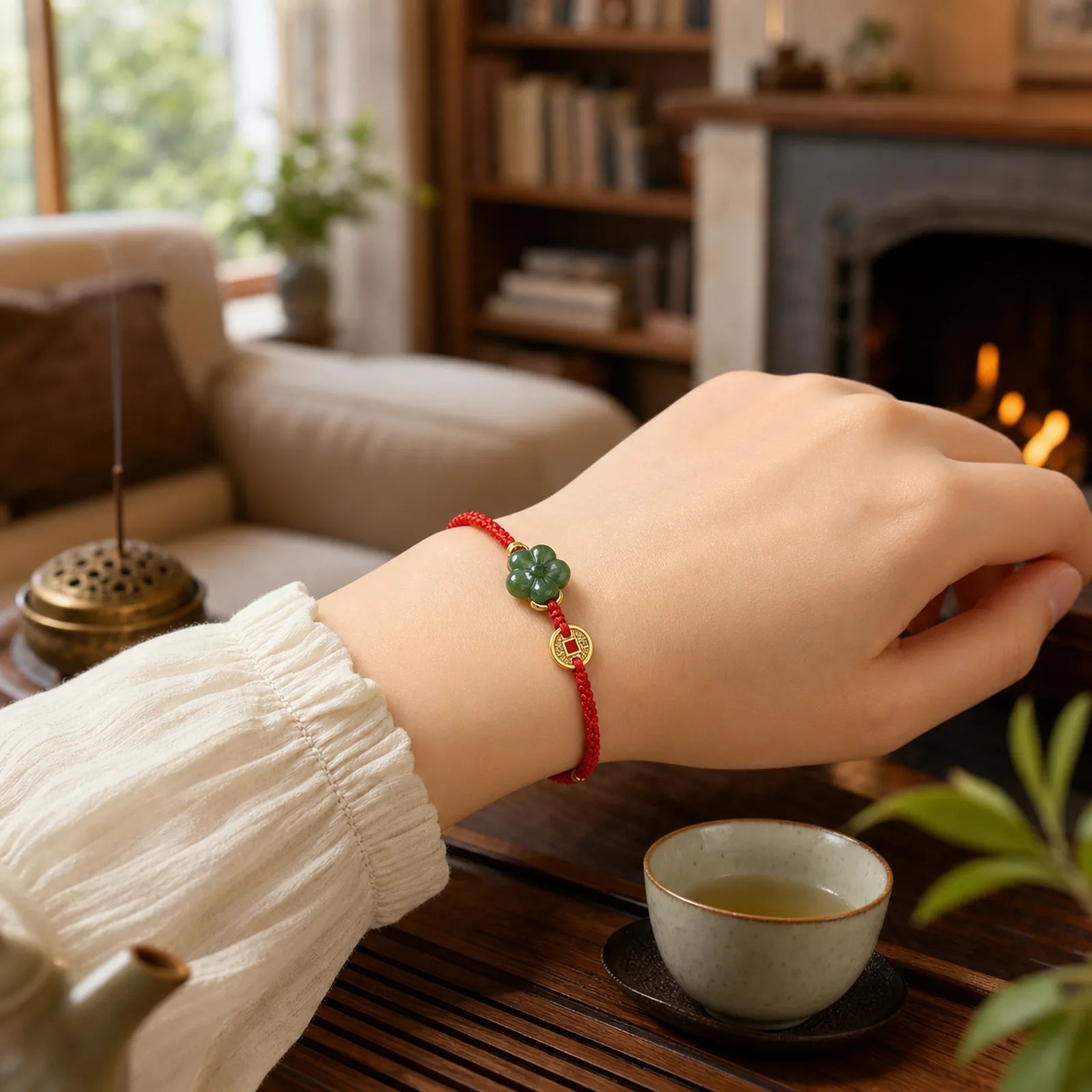 Jade Flower Luck Copper Coin Red String Bracelet featuring Jade, Copper, Red String