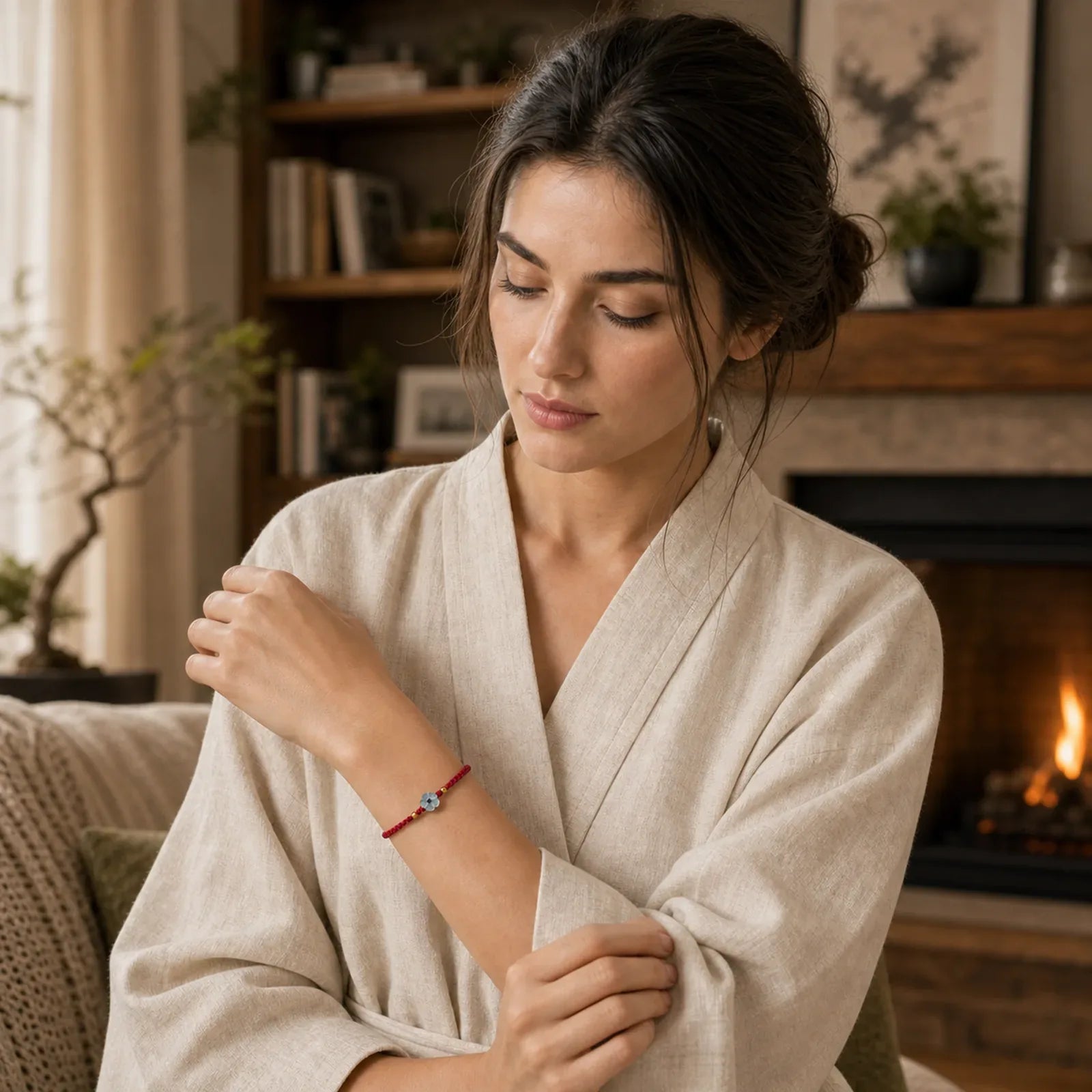 Jade Flower Red String Blessing Bracelet featuring Jade, Red String, Copper
