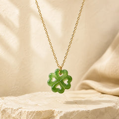 Jade Four Leaf Clover Luck Hand Carved Pendant Necklace featuring Jade, Copper, Silver