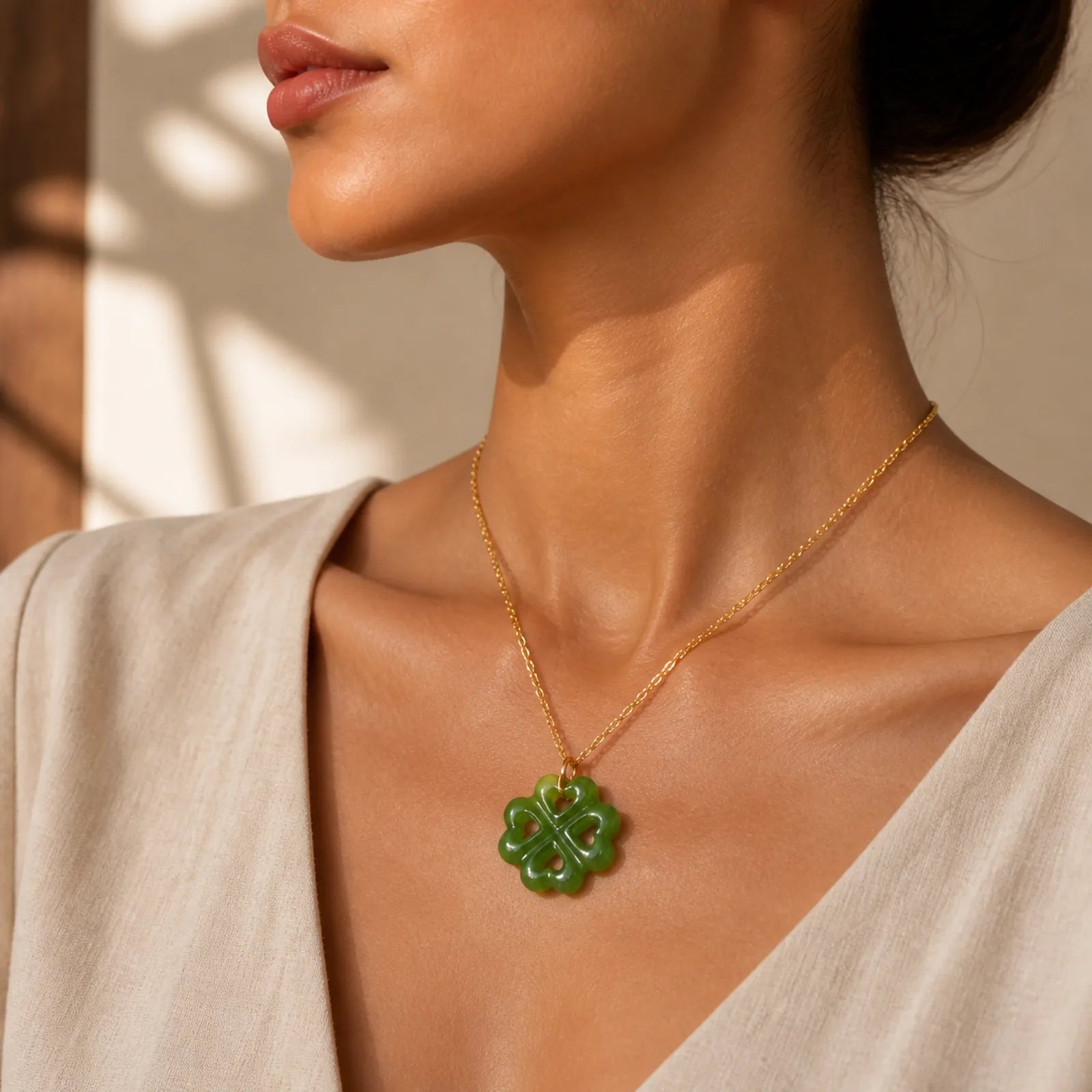 Jade Four Leaf Clover Luck Hand Carved Pendant Necklace featuring Jade, Copper, Silver