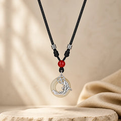 Jade Koi Fish Success Braided Circular Chinese Style Necklace featuring Jade, Koi Fish, Silver