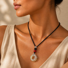 Jade Koi Fish Success Braided Circular Chinese Style Necklace featuring Jade, Koi Fish, Silver