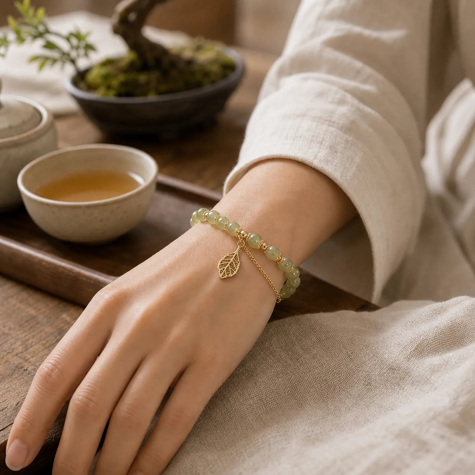 Jade Leaf Ginkgo Tulip Peanut Fu Character Luck Beaded Bracelet featuring Jade, Fu Character, Red Agate