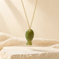 Jade Little Fish Luck Hand Carved Pendant Necklace featuring Jade, Copper, Silver