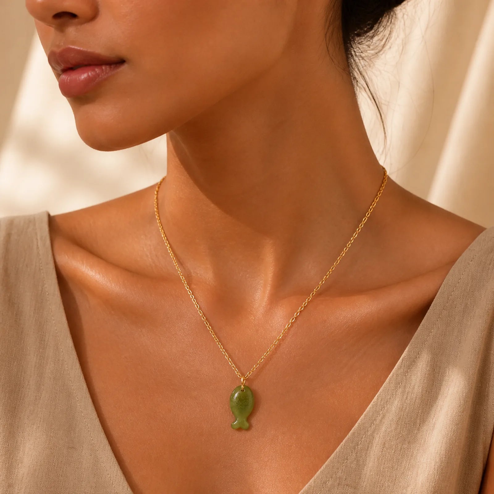 Jade Little Fish Luck Hand Carved Pendant Necklace featuring Jade, Copper, Silver