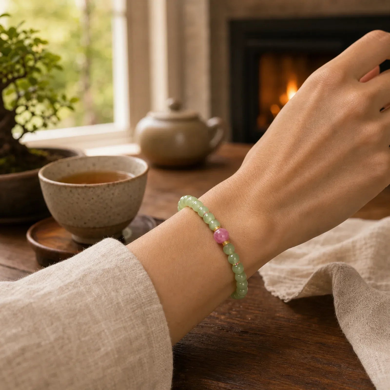 Jade Luck Round Bead Rhodonite Bracelet featuring Jade, Rhodonite, Copper